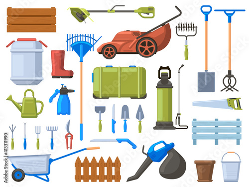 Garden equipment. Agriculture gardening work tools, lawn mower, shovel, watering equipment and rake. Gardening instruments vector illustration set. Lawn mower and wheelbarrow, equipment gardening