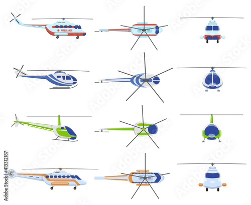 Helicopter aircraft vehicles. Avia transportation, city urban, private and medical rescue helicopter. Helicopter aviation vector illustration set. Aircraft helicopter, transport aviation collection