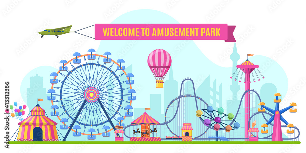 Amusement park landscape. Attractions park ferris wheel, roller coaster and carnival carousel view. Festive park vector illustration. Illustration amusement park, festive carnival with rollercoaster