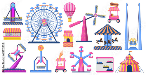 Attractions festive park. Amusement park attractions, ferris wheel, circus tent. Carnival entertainment park vector illustration set. Shooting range ice, cream stall, circus tent outdoor