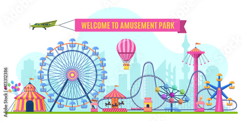 Amusement park landscape. Attractions park ferris wheel, roller coaster and carnival carousel view. Festive park vector illustration. Illustration amusement park, festive carnival with rollercoaster