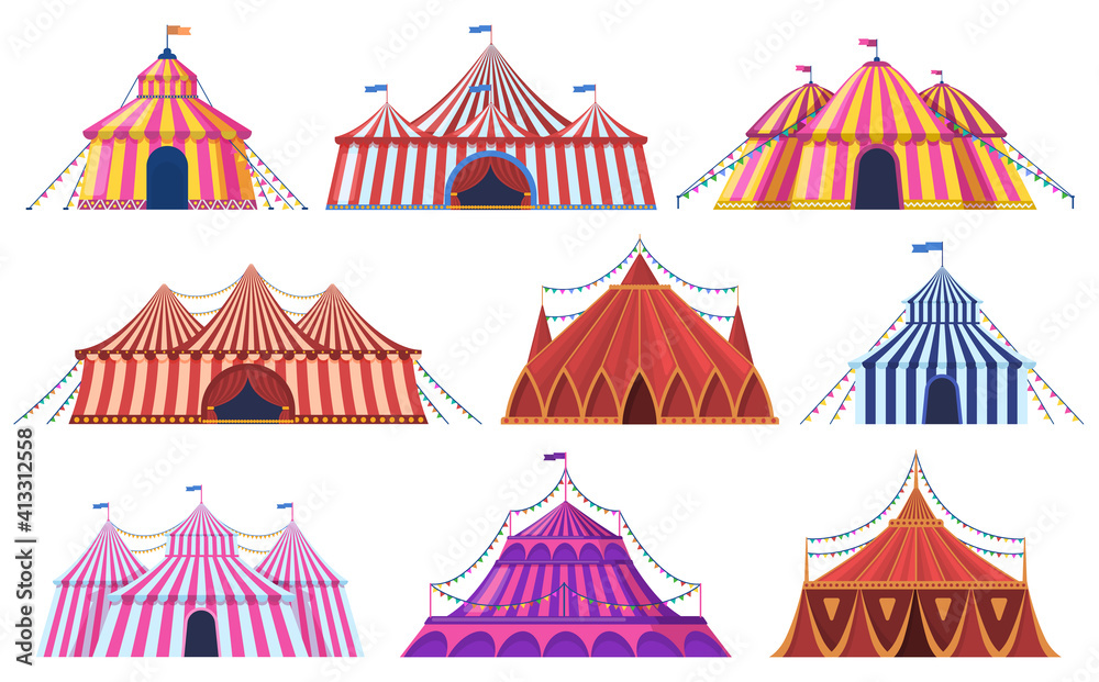 Circus tent. Amusement park vintage carnival circus tent with flags, amusement attraction. Circus entertainment tents vector illustration set. Marquee striped dome, recreation entertainment festive