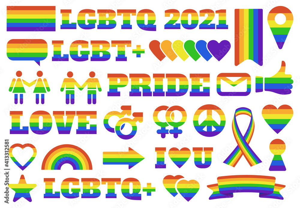 Pride lgbtq symbols. Gay parade elements, lgbt community rainbow gender signs, pride flag and hearts. Pride month emblems vector illustration set. Lgbtq stickers colored to parade rights