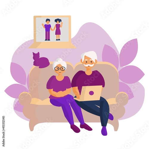 Eldery grandparents talking to grandchildren through video call Vector cartoon illustration