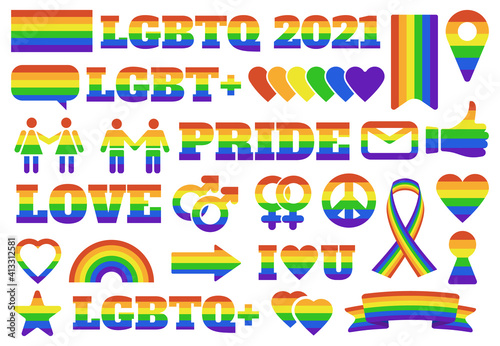 Pride lgbtq symbols. Gay parade elements, lgbt community rainbow gender signs, pride flag and hearts. Pride month emblems vector illustration set. Lgbtq stickers colored to parade rights