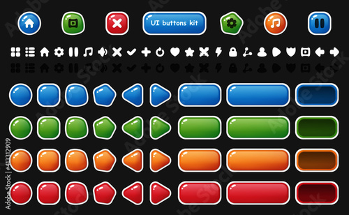 UI buttons icons set. Isolated vector illustration of mobile game sprites. Design for stickers, logo, mobile app. Arcade or match 3 2d game asset. Flat sprite sheet. Constructor with basic ui elements