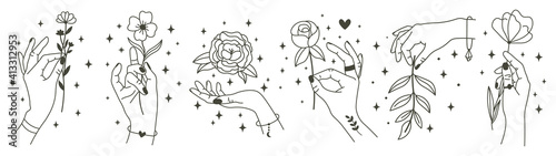 Magical hands holding flowers. Minimalist hands and flowers, abstract hand drawn floral symbols. Modern magical tattoo elements vector illustration set. Magic flower, mystic hand beauty with bloom