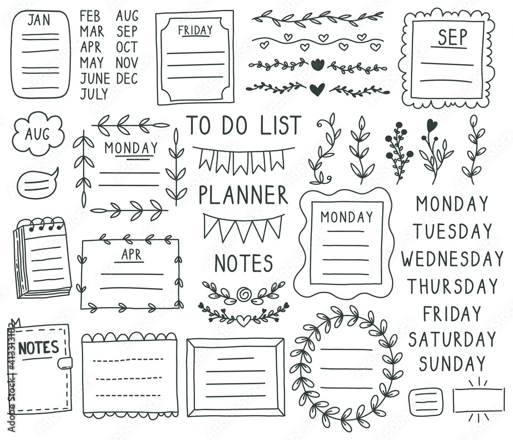 Bullet journal elements Hand drawn doodle notebook bullets notebook
