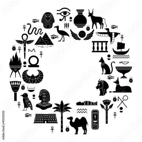 Egyptian ancient symbols. Mythology egypt sacred animals, gods and pyramid silhouettes. Ancient egyptian icons vector illustration set. Mythology culture, egypt pharaoh history black elements