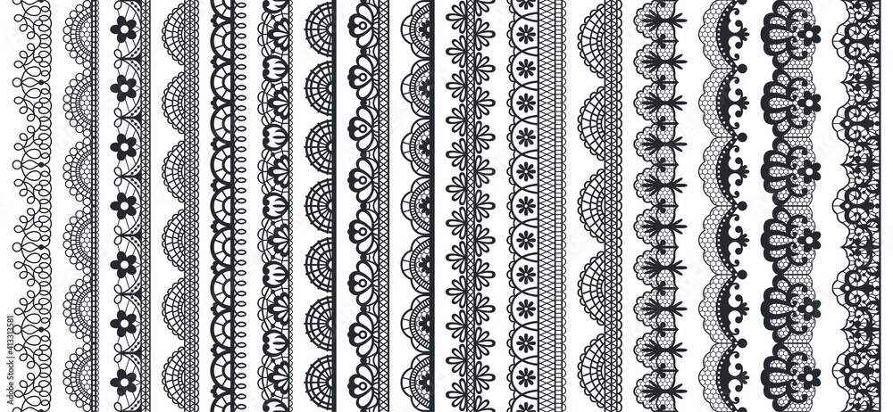 Lace pattern elements. Vintage seamless figured lace borders, beautiful  wedding lace decoration. Black lace borders vector illustration set.  Seamless black gorgeous stripe, delicate simple pattern Stock Vector