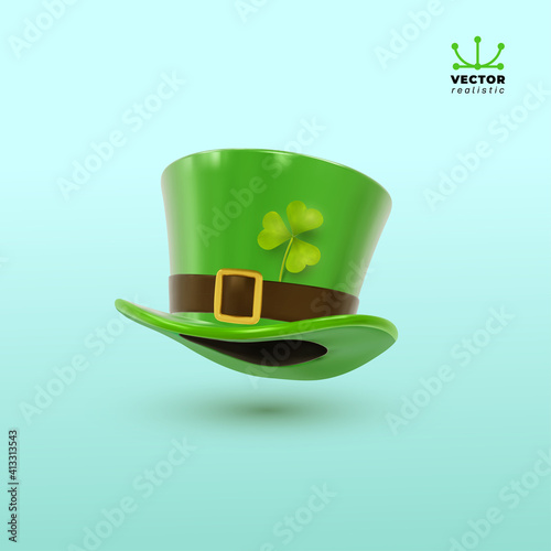 St. Patrick's hat with four-leaf clover. Realistic a leprechaun hat. Vector illustration. Isolated on white background.