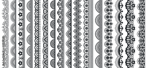 Lace pattern elements. Vintage seamless figured lace borders, beautiful wedding lace decoration. Black lace borders vector illustration set. Seamless black gorgeous stripe, delicate simple pattern photo
