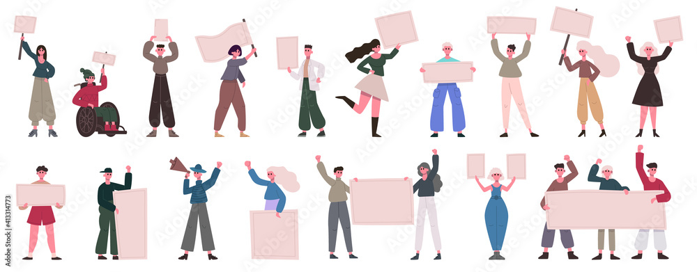 Protesting activists. People crowd hold banners, male and female manifesting activists. Political meeting and demonstration vector illustration. Activist protest demonstration with banner and placard