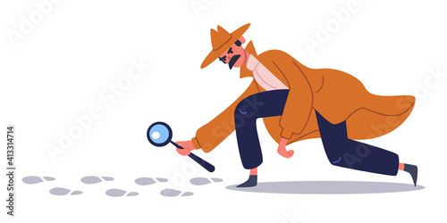 Private detective follows footprints. Detective character crime investigation, private investigator on trail. Detective character vector illustration set. Detective with magnifying, find footprint