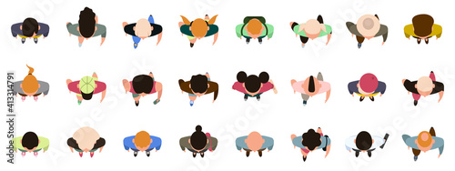 People top view. Male and female characters view from above, walking, standing men and women. Top view people poses vector illustration set. Male and female people top view