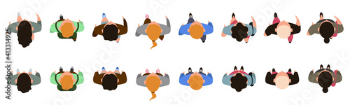 Top view people characters. Men and women character walking animation, people view from above. Male and female people walk vector illustration set. Woman man top view move walking