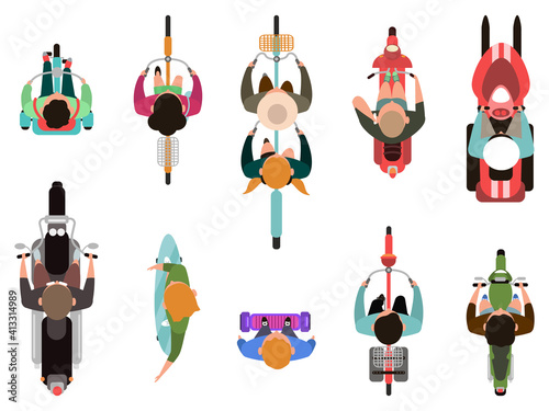 People on vehicles top view. Men and women riding motorcycle, bicycle, scooter and skate. Top view people driving vehicle vector illustration set. Bike ride, transport view top, motorcycle and bicycle