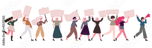 Women protesters. Female movement, feminist activists with banners and placards. Demonstration women rights protection vector illustration set. Feminist rights movement, feminism sisterhood