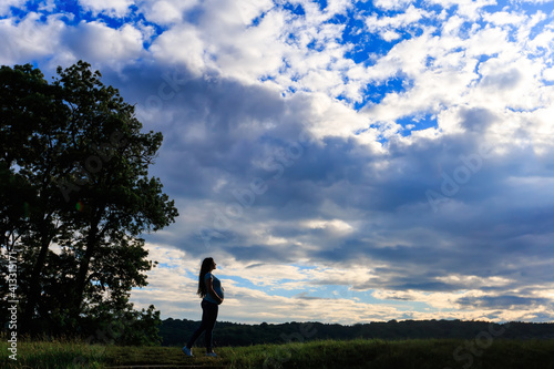 young beautiful pregnant woman walks in the field against the backdrop of the beautiful sky. Nature in the country.