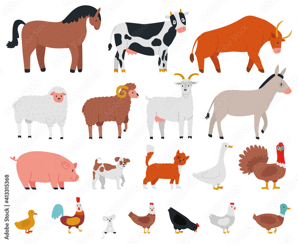 Farm animals. Livestock and cute pets, horse, cow, bull, goat, dog, goose and pig. Village domestic animals cartoon vector illustration set. Cow and rabbit, dog and chicken, livestock rooster