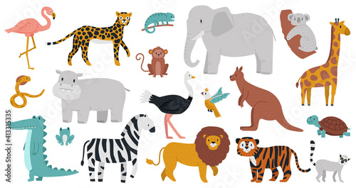 Cute african animals. Wood  jungle or savanna animals  leopard  giraffe  hippo  crocodile and zebra. Wild forest or zoo animals vector illustration set. Giraffe and zebra  wildlife leopard and hippo