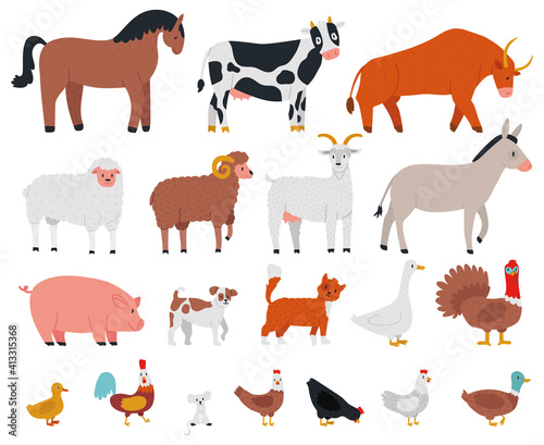 Farm animals. Livestock and cute pets  horse  cow  bull  goat  dog  goose and pig. Village domestic animals cartoon vector illustration set. Cow and rabbit  dog and chicken  livestock rooster
