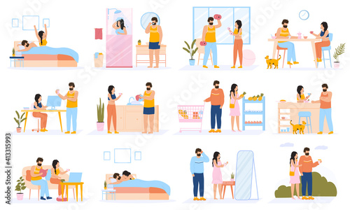 Couple everyday routine. Daily leisure and work activities of young couple, happy family lifestyle. Everyday couple life scenes vector illustration set. Couple routine, woman and man daily activity