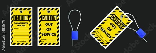 Lock out, tag out with a caution tag vector illustration. Caution and out of service warning. Machine and electrical system and safety equipment. Isolated on black background.