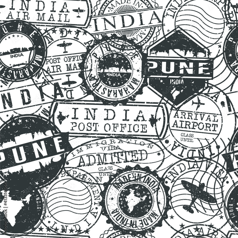 Pune India Stamps Background. City Stamp Vector Art. Postal Passport Travel. Design Set Pattern.