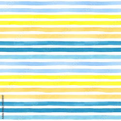 Watercolor lines seamless pattern 
Tropic Beach. Hand drawn. Blue, yellow and orange color stripes on isolated on white. Good for fabric, textile, wrapping paper, wallpaper, prints