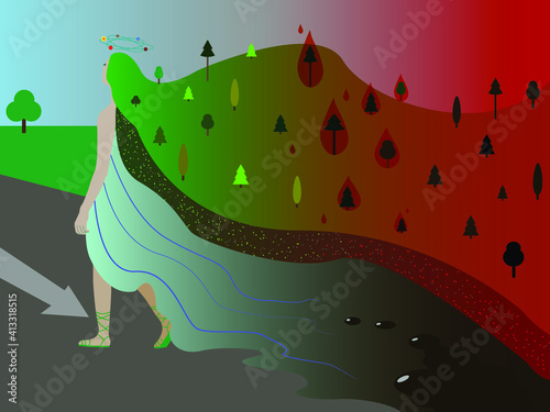 An illustration that shows environmental problems. The girl is our nature, which needs our help.  Water pollution and forest fires are sweeping the planet.
