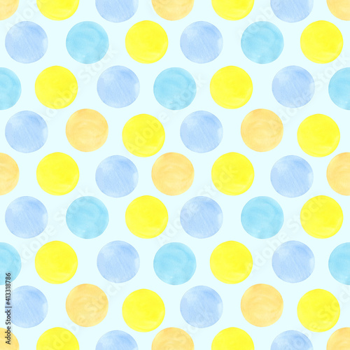 Cute circles seamless pattern. Watercolor rounds, hand drawn. Blue, yellow and orange color circles on light blue background. Good for children fabric, textile, wrapping paper, wallpaper, prints