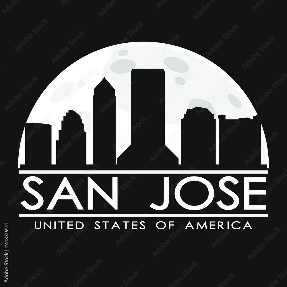 San Jose California Full Moon Night Skyline Silhouette Design City Vector Art Background.