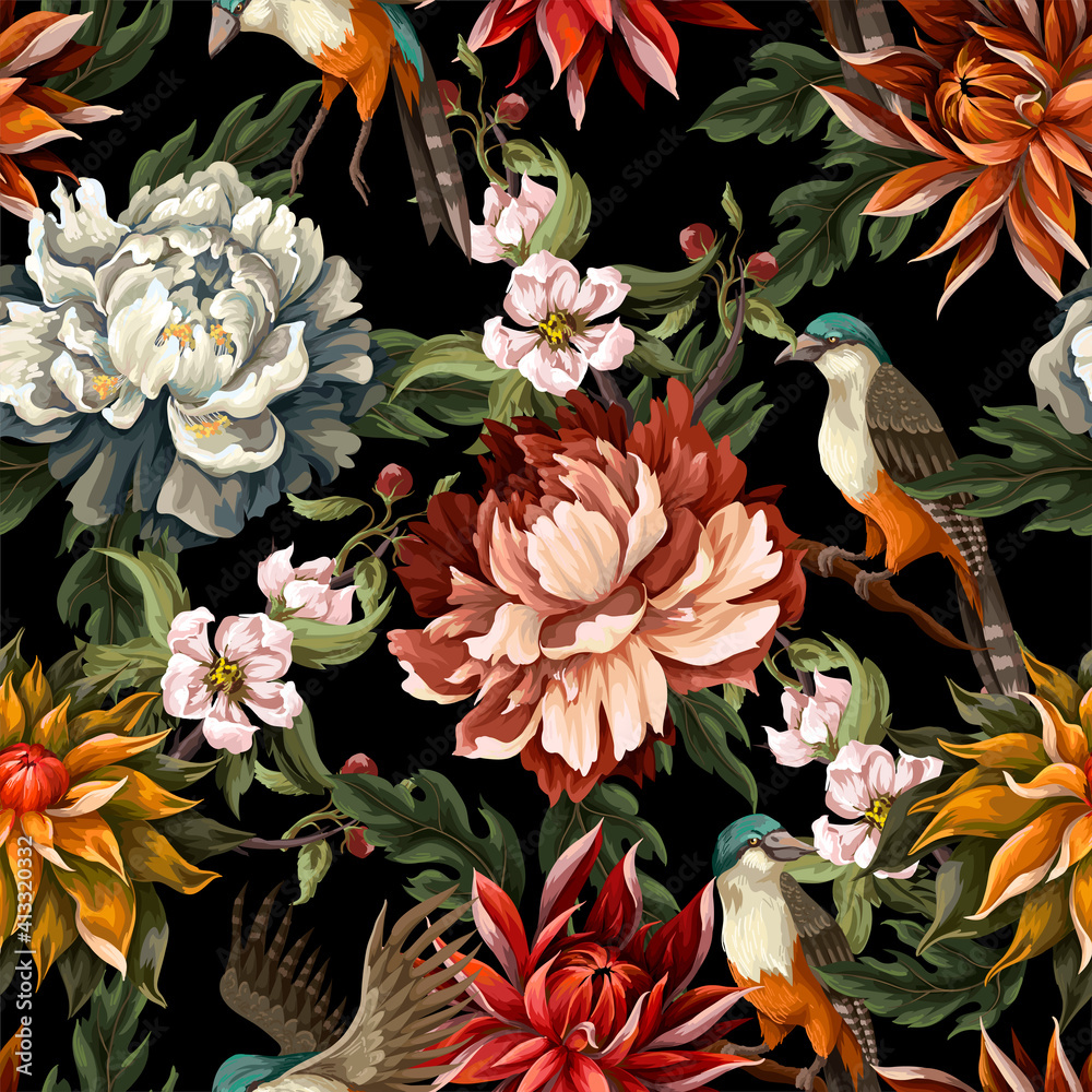 Ornate seamless pattern with vintage peonies, roses and birds. Vector.
