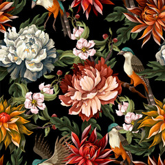 Stickers Vintage bloemen patronen Sierlijk patroon met pioenrozen en vogels  © Yumeee