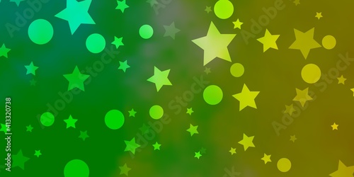 Light Green, Yellow vector pattern with circles, stars.