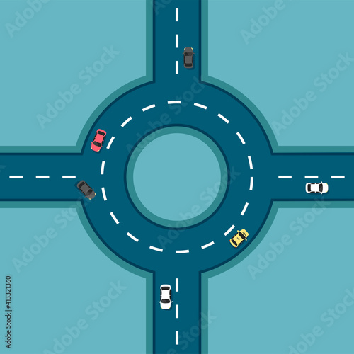 Top view road with different cars. Roundabout. Crossroads. Autobahn and highway junction. City infrastructure with transportation elements. Vector illustration in a flat modern style.