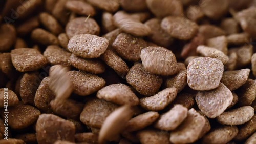 SLOW MOTION close up of dog food falling into a metal dog bowl