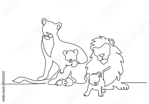 Lion with lioness and small cubs lying. Lion family.