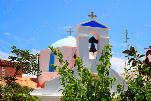 Fototapeta Naklejka Na Ścianę i Meble -  dome and bell tower of the small Palatiani monastery in the old town of Chora in Andros, famous Cycladic island in the heart of the Aegean Sea