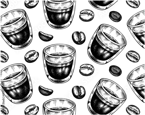 Sketch outline pattern with black glass cup of espresso and coffee beans isolated on white background. Cafe, restaurant, bar, menu, breakfast, wallpaper. Drink, arabica, robusta. Vector illustration.