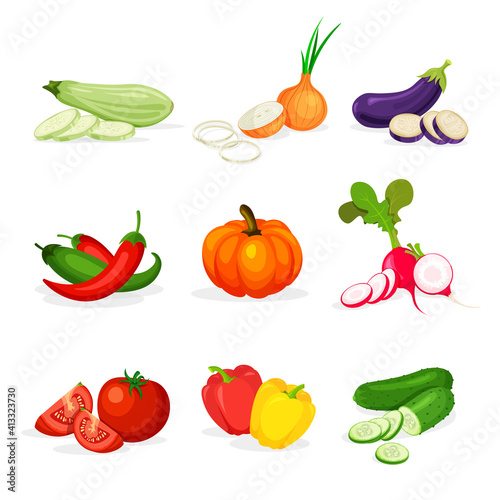 Set of different vegetables in in a trendy cartoon style. Fresh whole, half, cut slice and piece of vegetable isolated on white background. Healthy food concept.	