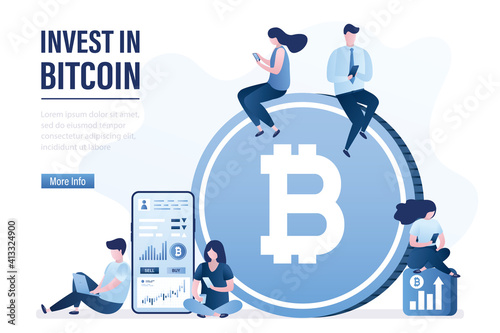 Business people sitting near big bitcoin. Successful investors invest in bitcoin. Blockchain technology, investment process. Traders makes money