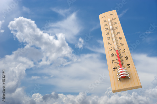 Thermometer against sky as a concept of ambient temperature. 3d rendering