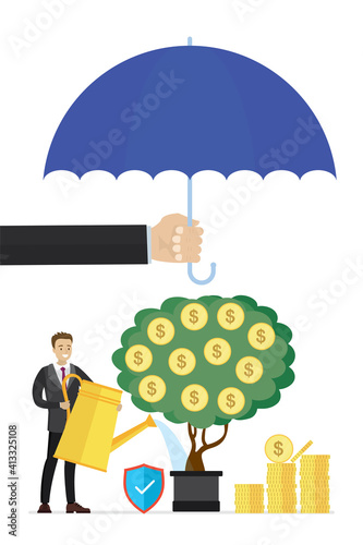 Hand holds umbrella, money tree under protection. Insurance business solution. Venture fund investing in new startups, concept banner.