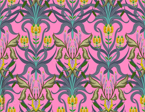 Modern seamless pattern with floral art deco elements. Vector.