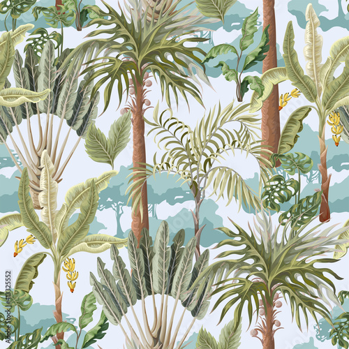 Seamless pattern with exotic trees such us palm and banana. Interior vintage wallpaper.