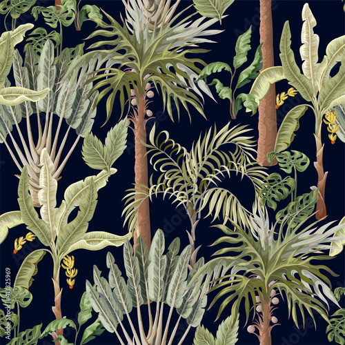 Seamless pattern with exotic trees such us palm and banana. Interior vintage wallpaper.