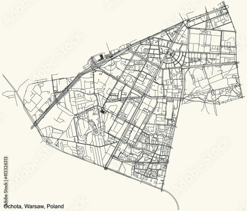 Black simple detailed street roads map on vintage beige background of the neighbourhood Ochota district of Warsaw, Poland