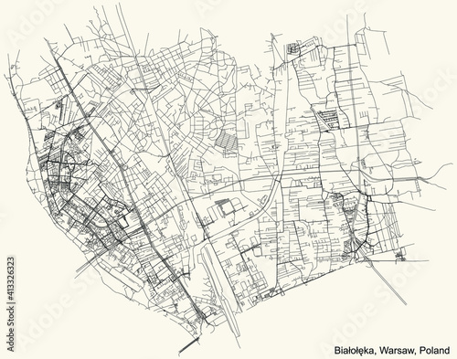 Black simple detailed street roads map on vintage beige background of the neighbourhood Białołęka district of Warsaw, Poland